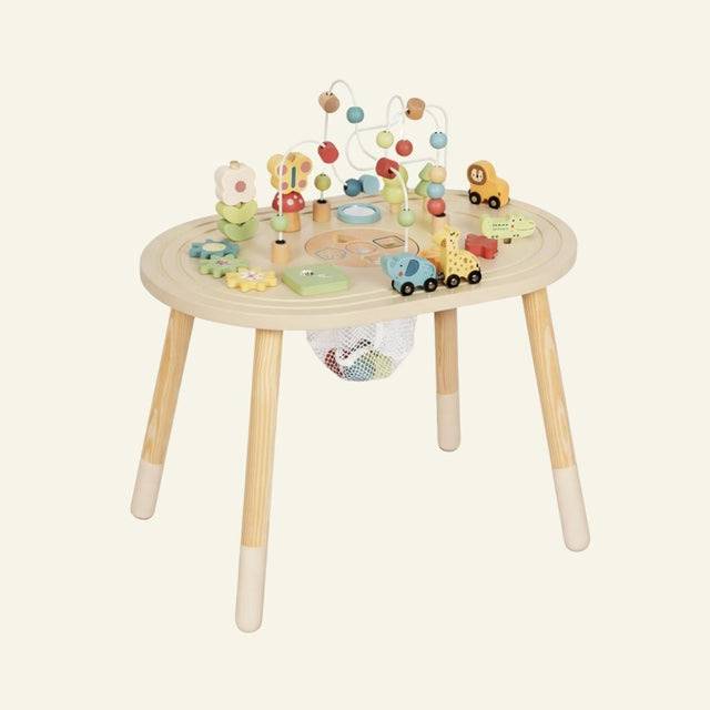 Houten activiteitentafel:  kleine ontdekkers aan zet