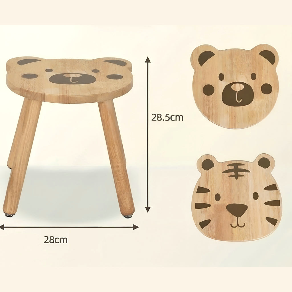 Afmetingen kinderkrukje: 28 cm breed en 28,5 cm hoog