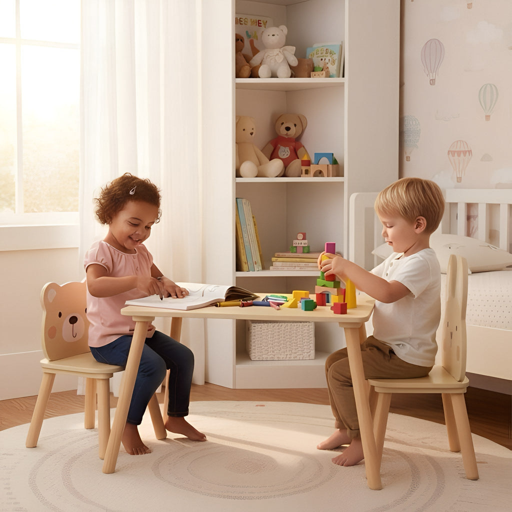 Houten kindertafel met beer- en konijnstoeltje