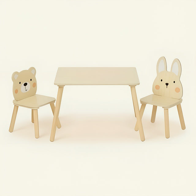 Kindertafel met 2 stoeltjes – beer & konijn