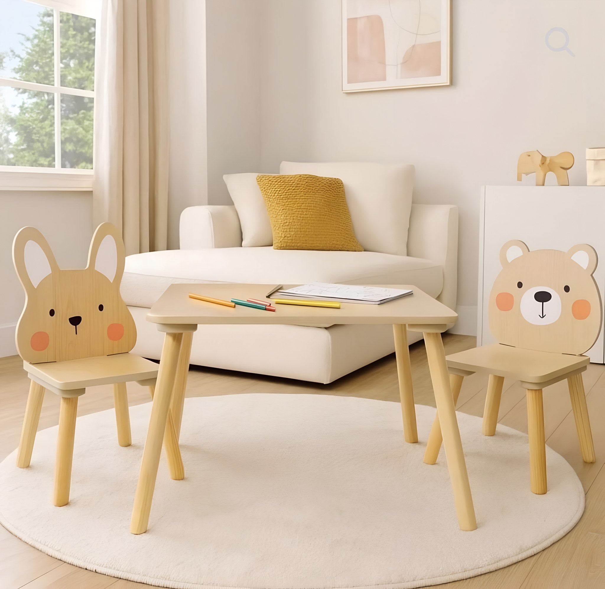 Houten kindertafel met beer- en konijnstoeltje